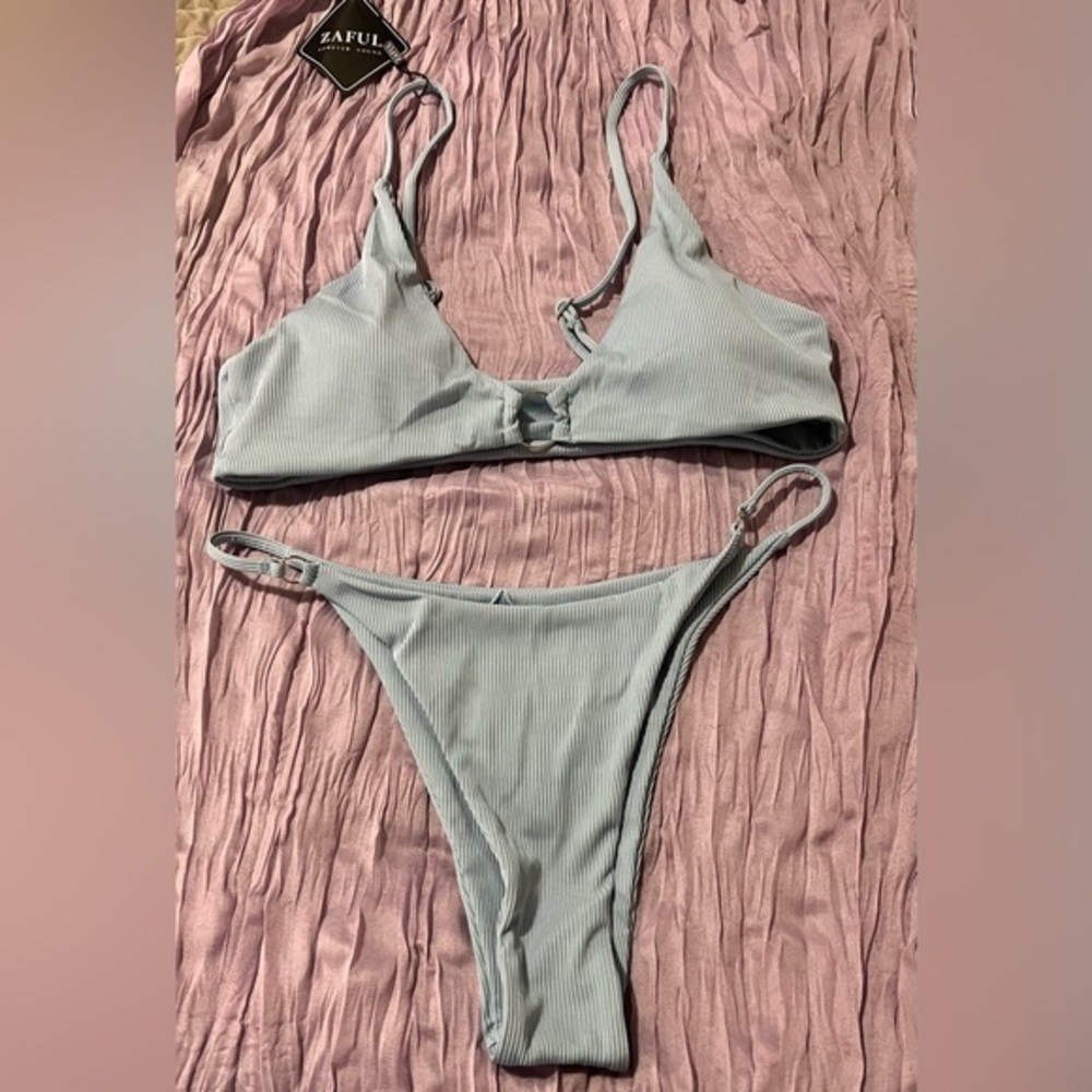 Zaful Sky Blue Ribbed Bikini Set